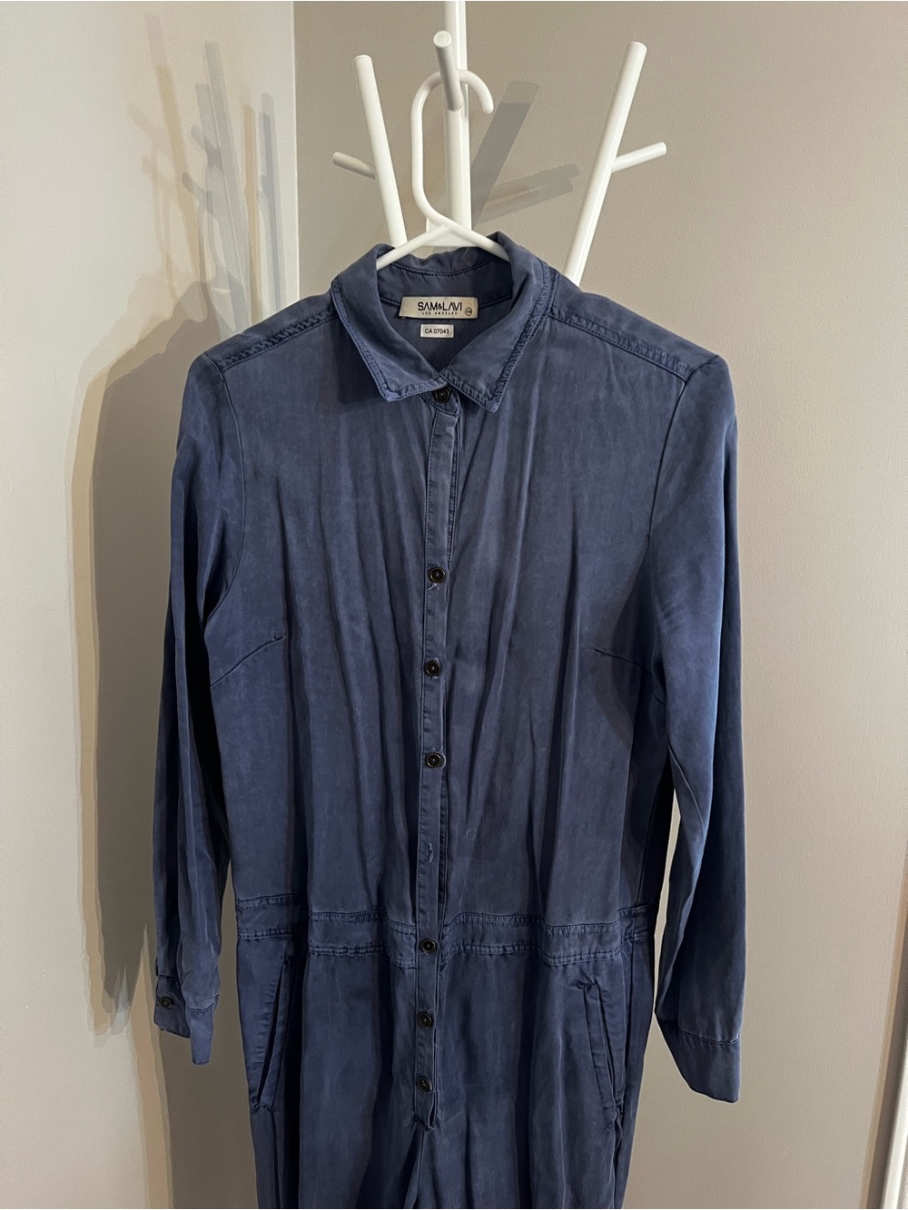 Denim Button-Front Long-Sleeve Jumpsuit - Picture 4 of 10